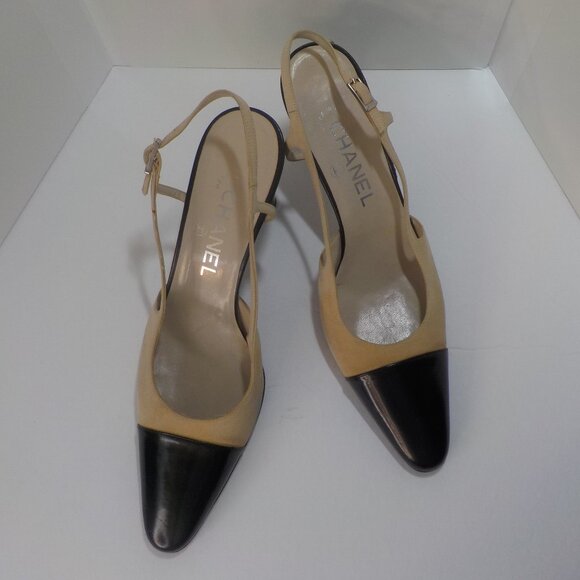 CHANEL, Vintage, Cream Textile & Black Leather cap, Sling back, 3.5" Med. Heel - Picture 1 of 9